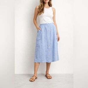 C&C California Midi Skirt XLarge Light Blue Linen Button Front Boho Coastal Chic